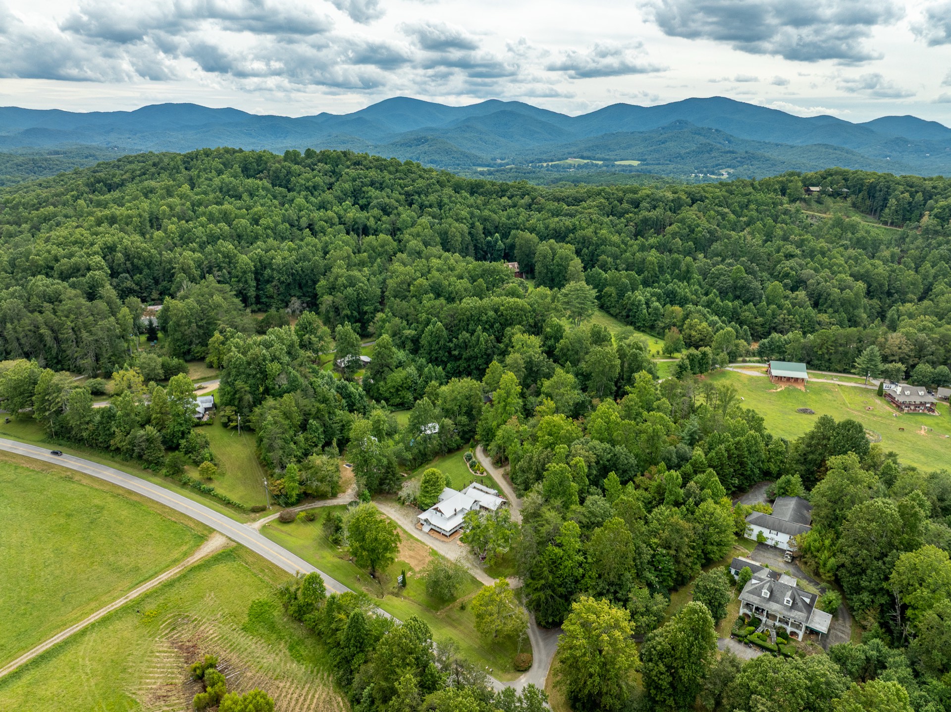 Aerial view of the full Misty Mountain property for group retreats